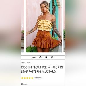 Selfie Leslie Robyn Flounce Mini skirt Leaf Pattern Mustard size small